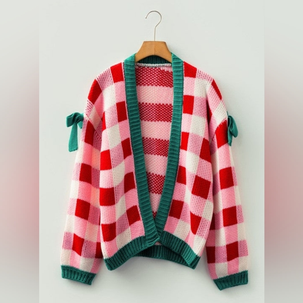 Christmas Plaid Bow Open Front Sweater Knit Cardigan - Picture 8 of 9
